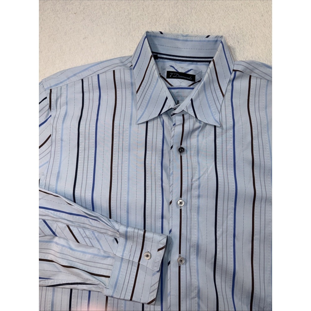 7 Diamonds XL  Blue Striped Button Front Dress Shirt, Long‎ Sleeve 100% Cotton